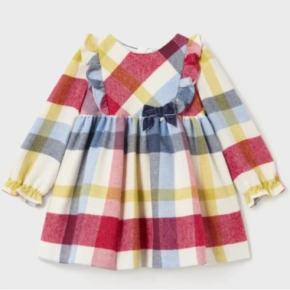 Mayoral Baby Girls Plaid Wool Blend Bow Detail Holiday Occasion Dress 9 months